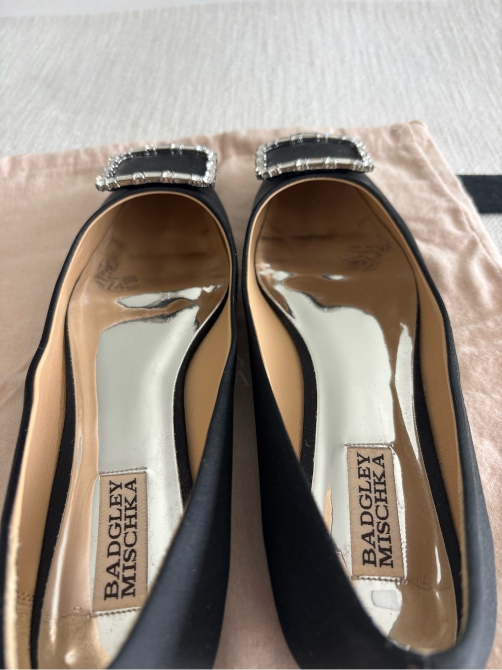Badgley Mischka Black Satin Square-Buckle Pointed Flats Size 9.5 - Picture 6 of 7